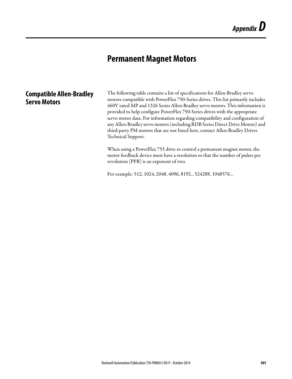 Permanent magnet motors, Compatible allen-bradley servo motors, Appendix d | Rockwell Automation 21G PowerFlex 750-Series AC Drives Programming Manual User Manual | Page 501 / 544