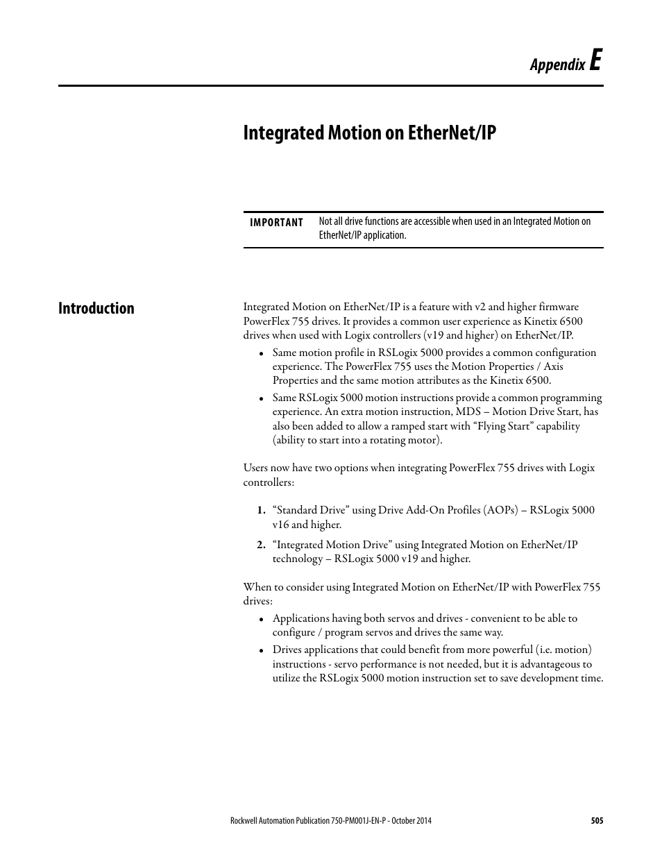 Integrated motion on ethernet/ip, Introduction, Appendix e | Appendix | Rockwell Automation 21G PowerFlex 750-Series AC Drives Programming Manual User Manual | Page 505 / 544