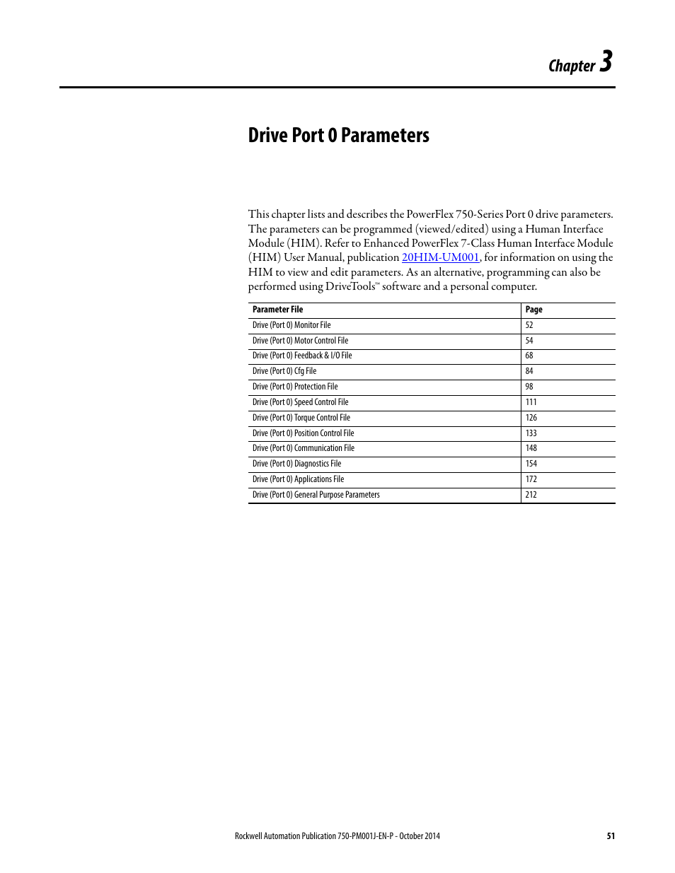 Drive port 0 parameters, Chapter 3, Chapter | Rockwell Automation 21G PowerFlex 750-Series AC Drives Programming Manual User Manual | Page 51 / 544