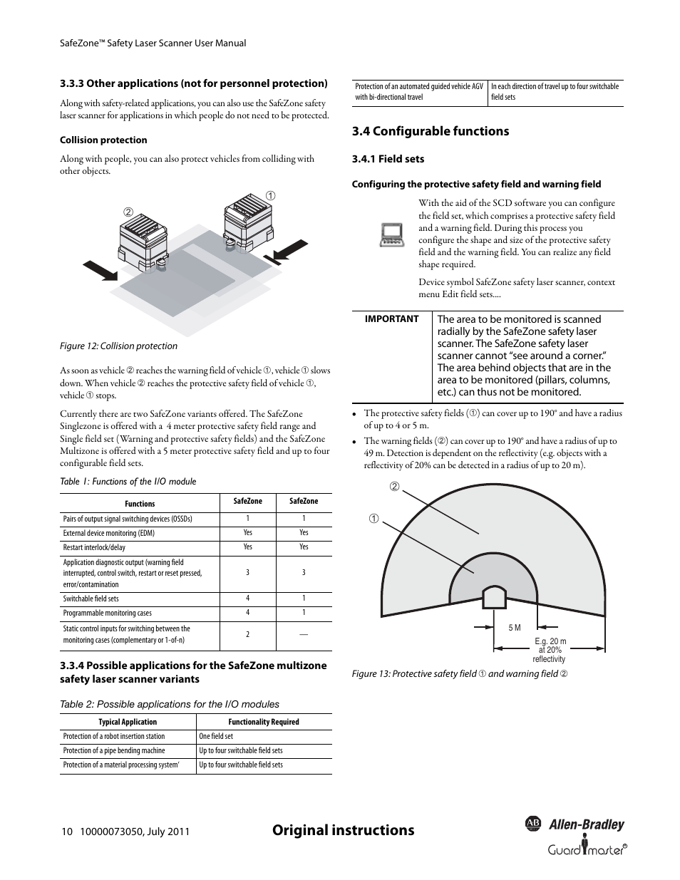 Original instructions, 4 configurable functions | Rockwell Automation 442L SafeZone Singlezone & Multizone Safety Laser Scanner User Manual | Page 12 / 60