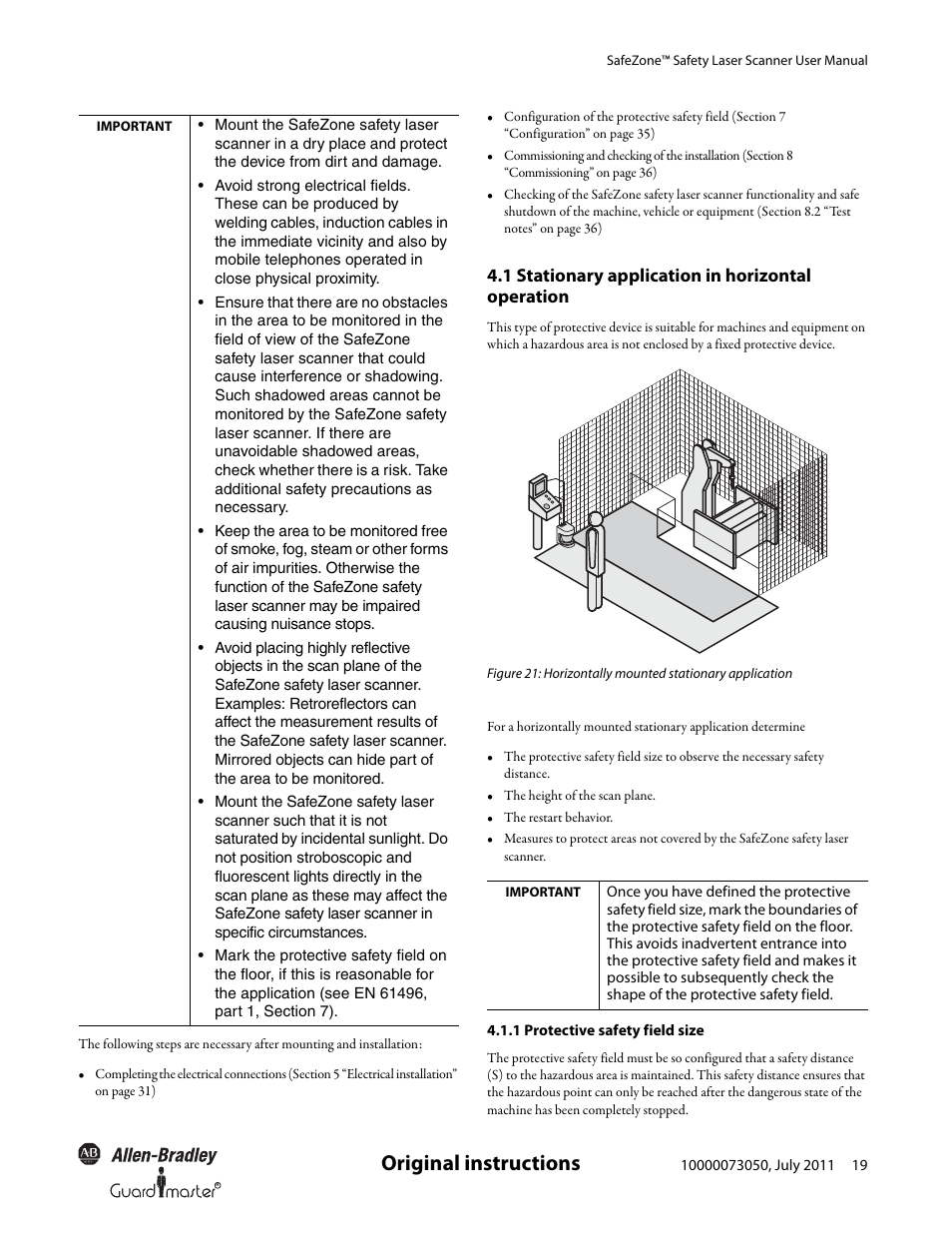Original instructions, 1 stationary application in horizontal operation | Rockwell Automation 442L SafeZone Singlezone & Multizone Safety Laser Scanner User Manual | Page 21 / 60