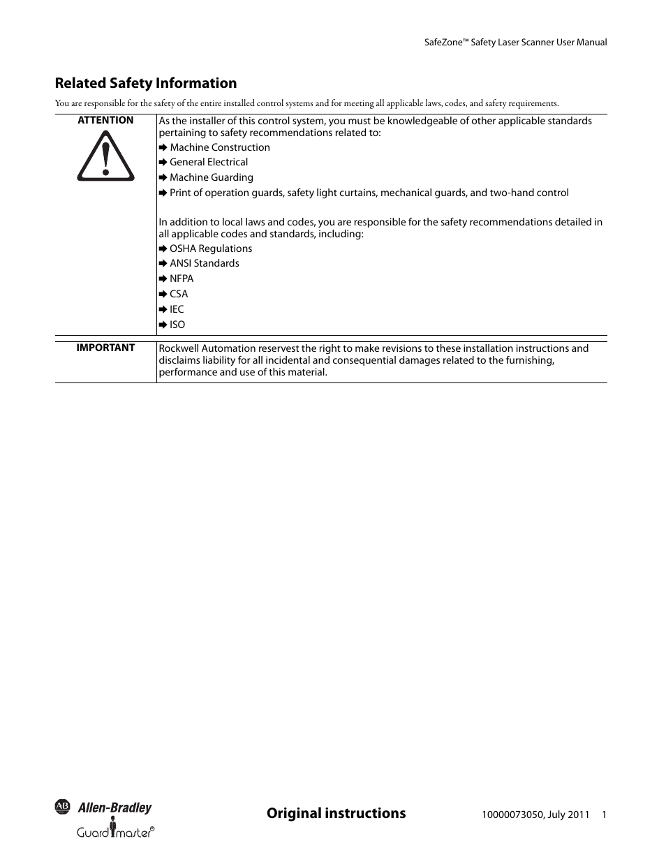 Original instructions related safety information | Rockwell Automation 442L SafeZone Singlezone & Multizone Safety Laser Scanner User Manual | Page 3 / 60