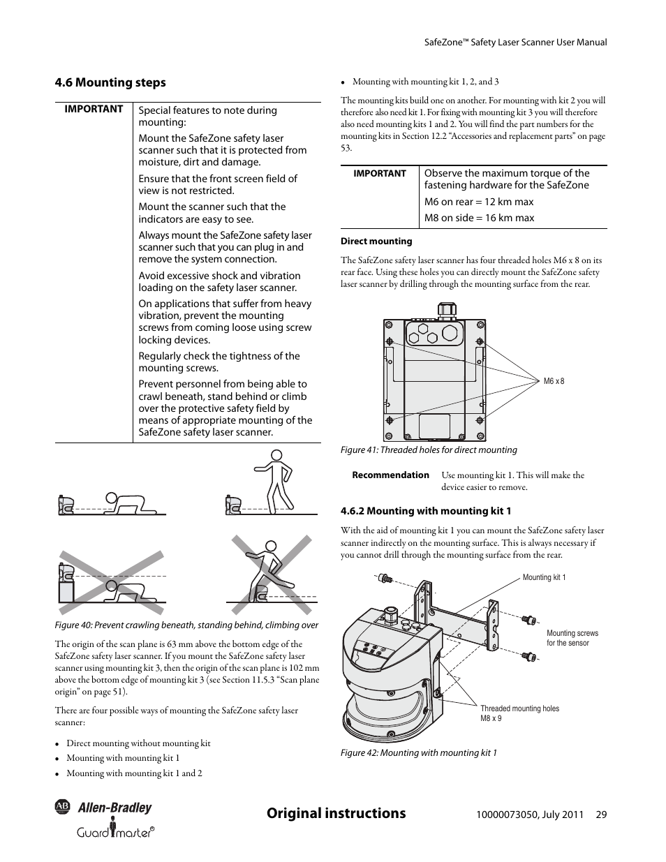 Original instructions, 6 mounting steps | Rockwell Automation 442L SafeZone Singlezone & Multizone Safety Laser Scanner User Manual | Page 31 / 60