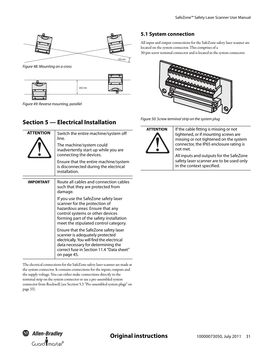 Original instructions, 1 system connection | Rockwell Automation 442L SafeZone Singlezone & Multizone Safety Laser Scanner User Manual | Page 33 / 60