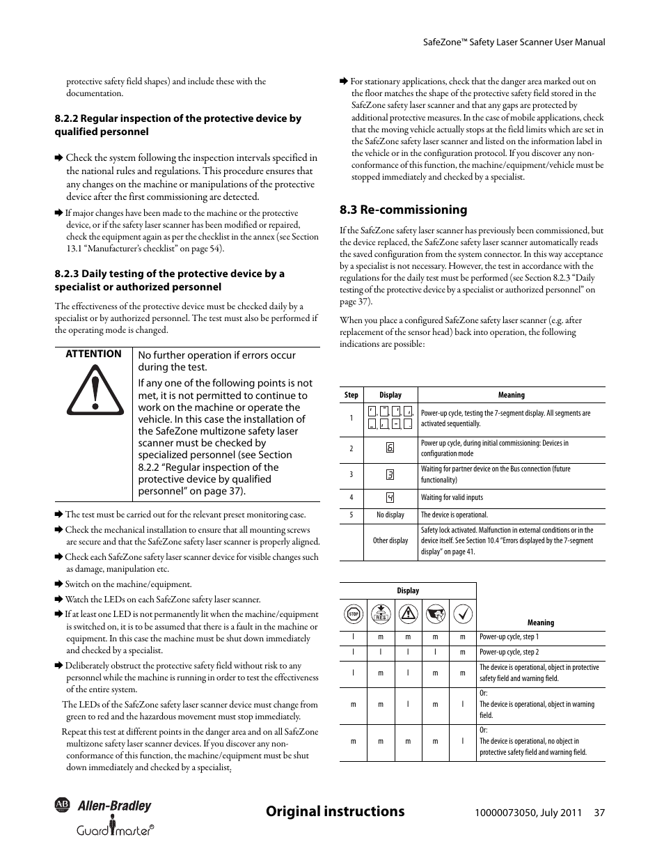 Original instructions, 3 re-commissioning | Rockwell Automation 442L SafeZone Singlezone & Multizone Safety Laser Scanner User Manual | Page 39 / 60
