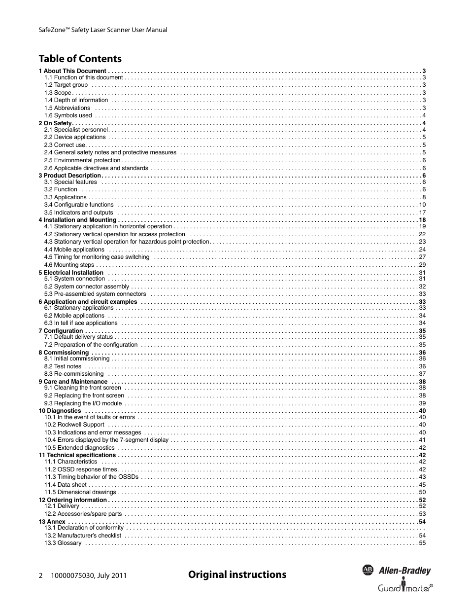Original instructions table of contents | Rockwell Automation 442L SafeZone Singlezone & Multizone Safety Laser Scanner User Manual | Page 4 / 60