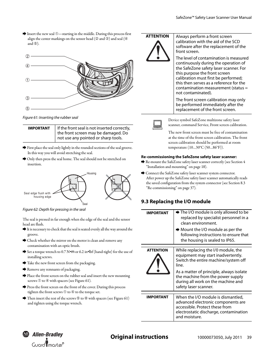 Original instructions, 3 replacing the i/o module | Rockwell Automation 442L SafeZone Singlezone & Multizone Safety Laser Scanner User Manual | Page 41 / 60