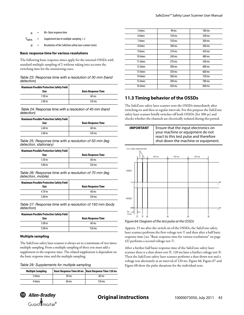 Original instructions, 3 timing behavior of the ossds | Rockwell Automation 442L SafeZone Singlezone & Multizone Safety Laser Scanner User Manual | Page 45 / 60