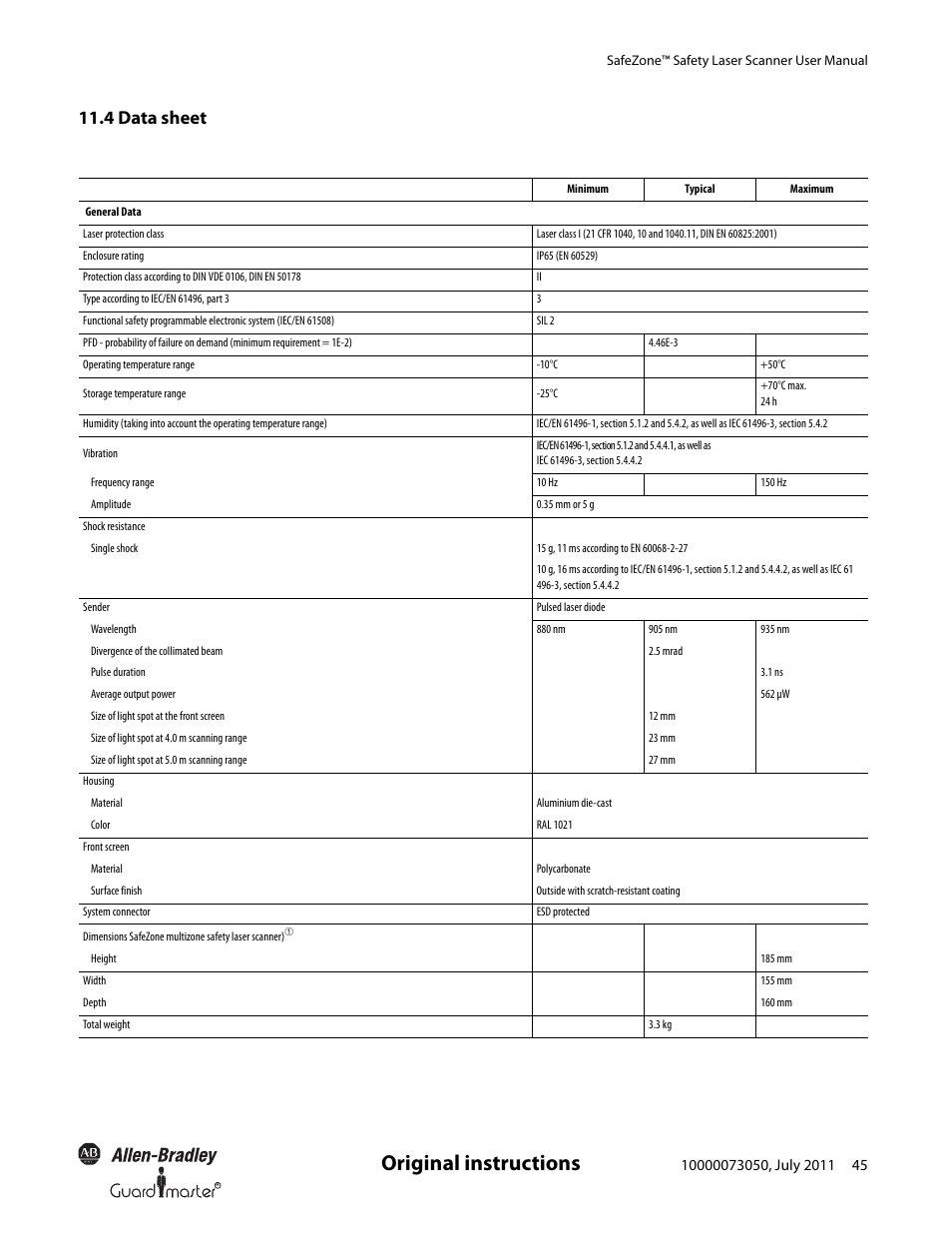 Original instructions, 4 data sheet | Rockwell Automation 442L SafeZone Singlezone & Multizone Safety Laser Scanner User Manual | Page 47 / 60