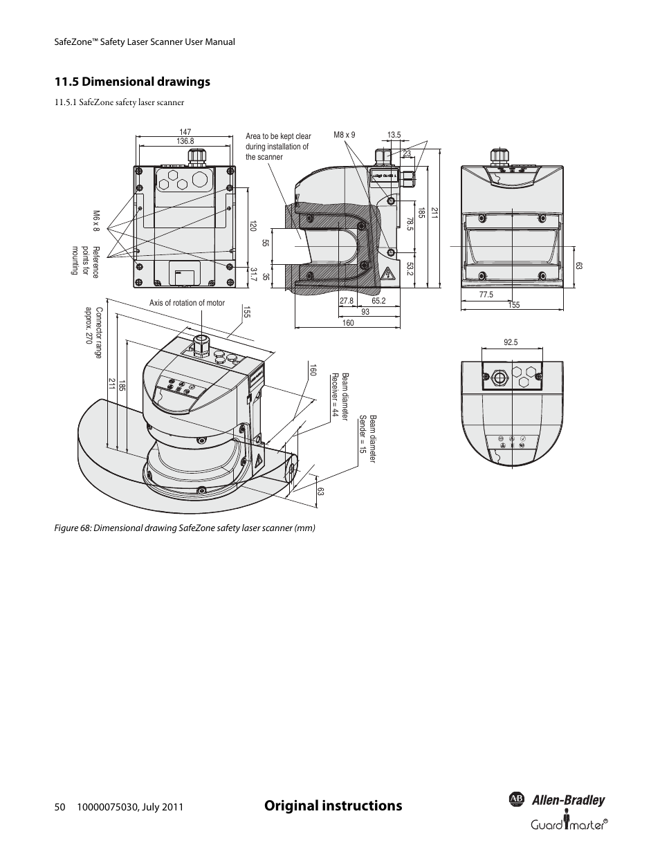 Original instructions, 5 dimensional drawings | Rockwell Automation 442L SafeZone Singlezone & Multizone Safety Laser Scanner User Manual | Page 52 / 60