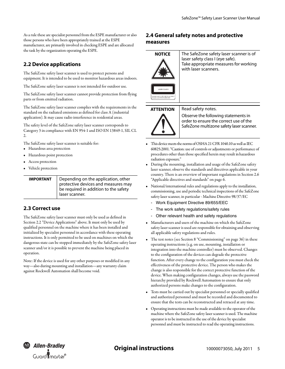 Original instructions, 2 device applications, 3 correct use | Rockwell Automation 442L SafeZone Singlezone & Multizone Safety Laser Scanner User Manual | Page 7 / 60