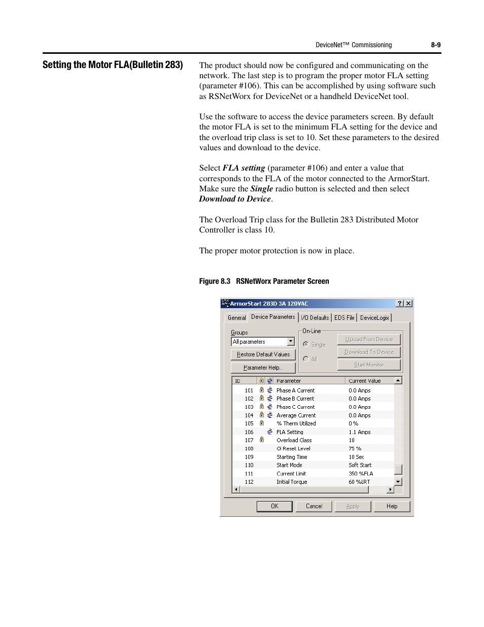 Setting the motor fla(bulletin 283) | Rockwell Automation 284 ArmorStart User Manual User Manual | Page 251 / 480