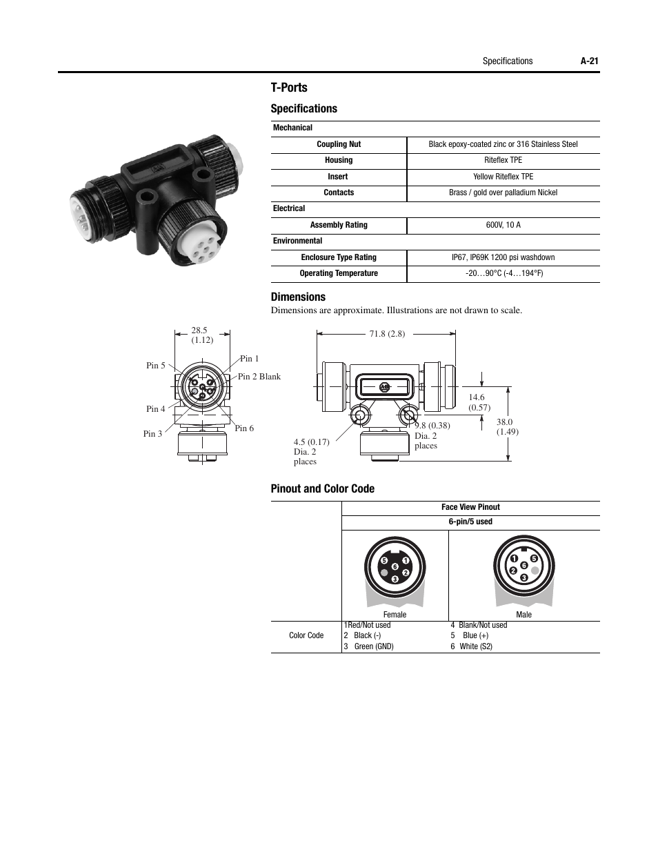 T-ports, Specifications dimensions, Pinout and color code | Rockwell Automation 284 ArmorStart User Manual User Manual | Page 341 / 480