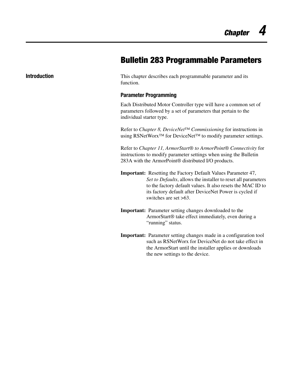 Bulletin 283 programmable parameters, Chapter | Rockwell Automation 284 ArmorStart User Manual User Manual | Page 91 / 480
