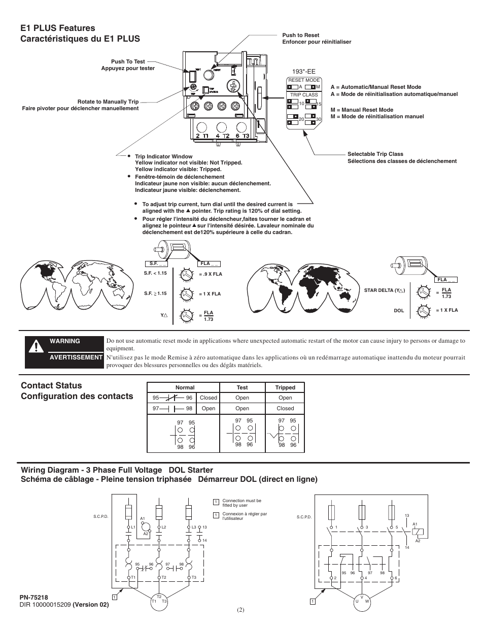 E1 plus features caractéristiques du e1 plus, Contact status configuration des contacts | Rockwell Automation 592-EEKF_EEMG E1 Plus Overload Relay Application and Installation User Manual | Page 2 / 4