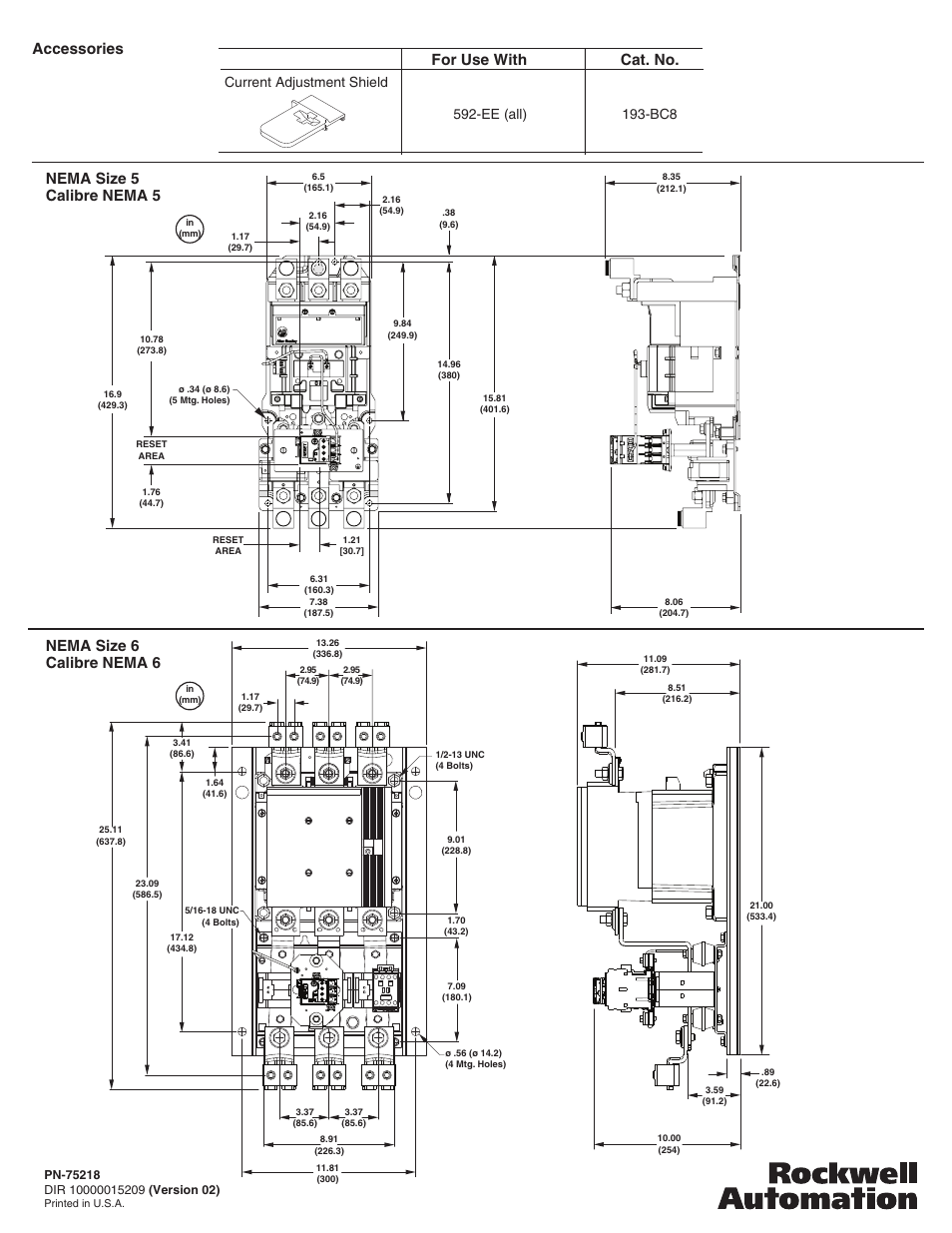 Accessories, Nema size 5 calibre nema 5 for use with cat. no, Nema size 6 calibre nema 6 | Rockwell Automation 592-EEKF_EEMG E1 Plus Overload Relay Application and Installation User Manual | Page 4 / 4
