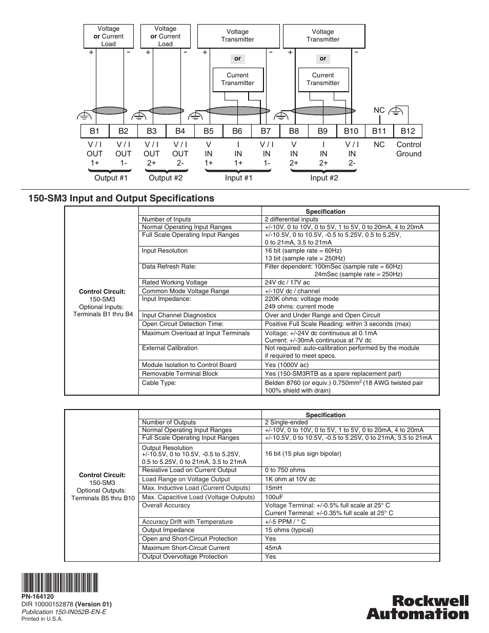 Sm3 input and output specifications | Rockwell Automation 150-SM3_SM4 SMC-50 Soft Starter I/O Option Module Installation User Manual | Page 4 / 4