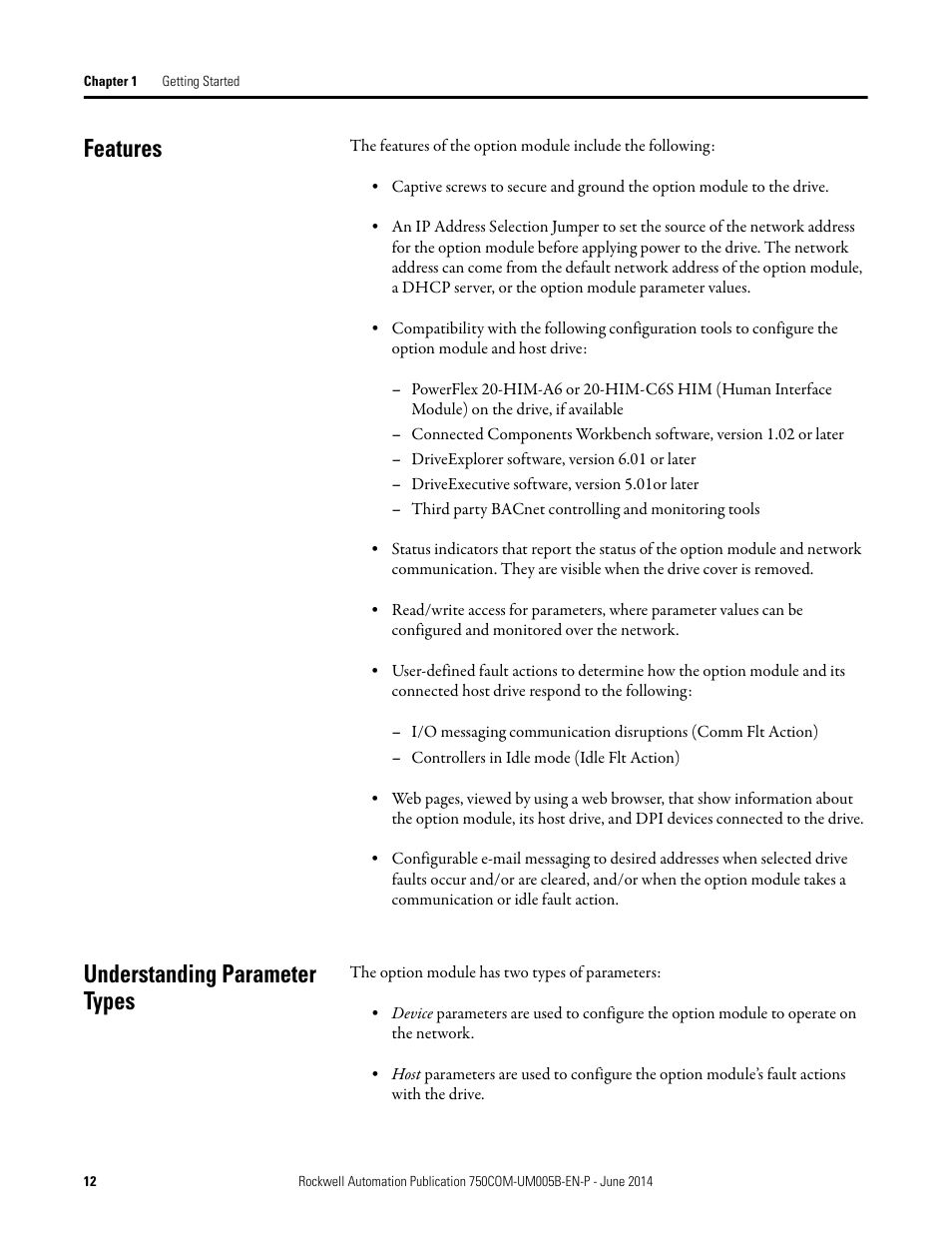 Features, Understanding parameter types, Features understanding parameter types | Rockwell Automation 20-750-BNETIP BACnet/IP Option Module User Manual | Page 12 / 88