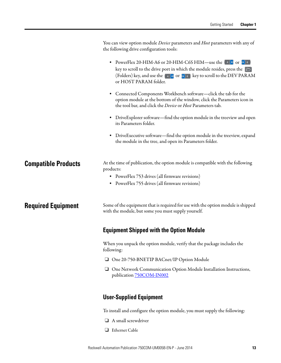 Compatible products, Required equipment, Equipment shipped with the option module | User-supplied equipment, Compatible products required equipment | Rockwell Automation 20-750-BNETIP BACnet/IP Option Module User Manual | Page 13 / 88