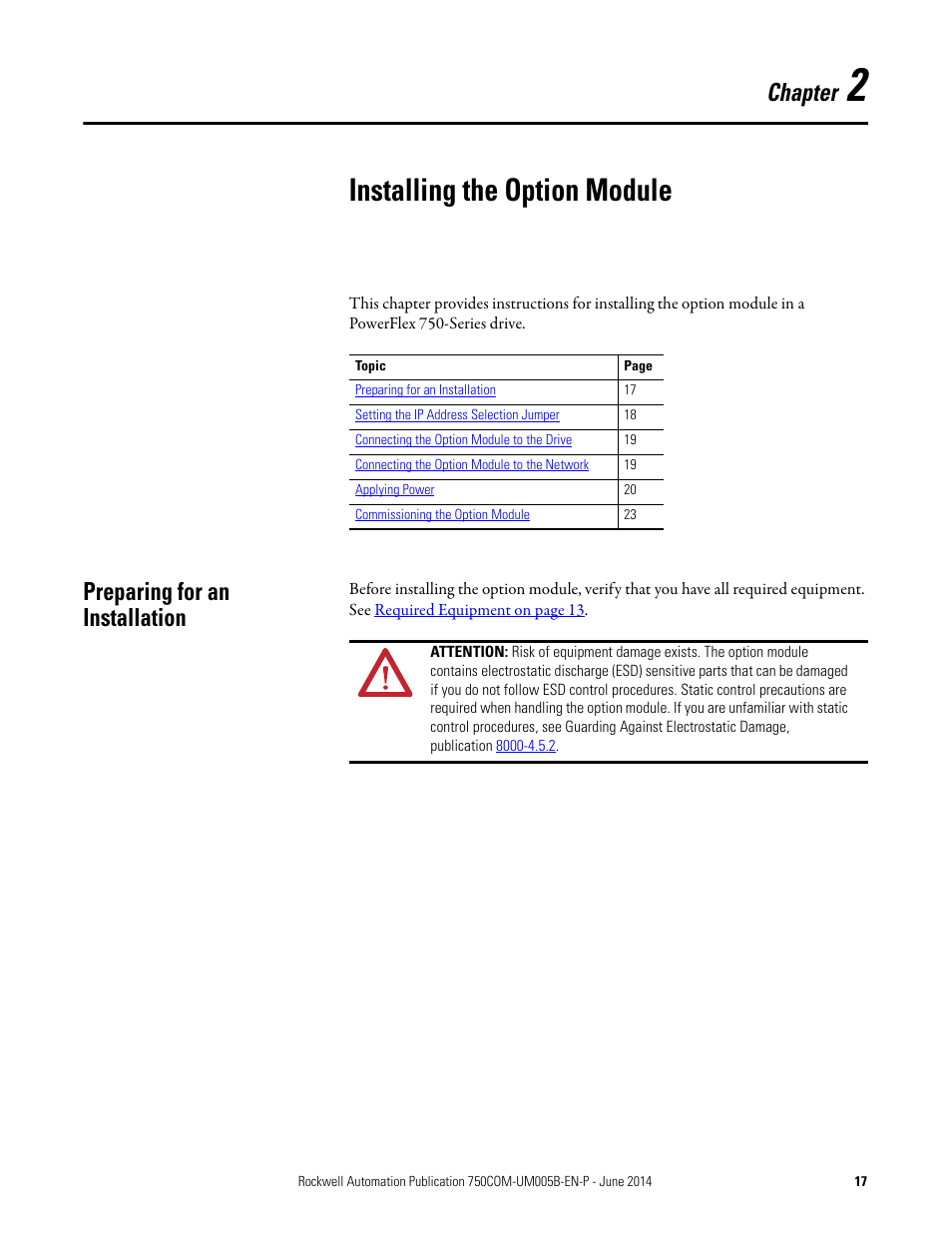 Chapter 2, Installing the option module, Preparing for an installation | Rockwell Automation 20-750-BNETIP BACnet/IP Option Module User Manual | Page 17 / 88