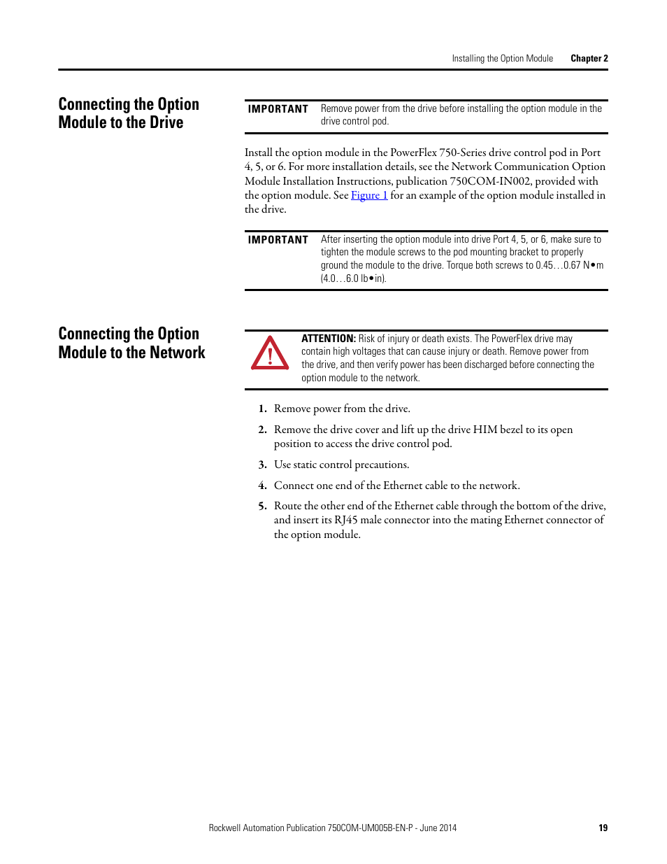 Connecting the option module to the drive, Connecting the option module to the network | Rockwell Automation 20-750-BNETIP BACnet/IP Option Module User Manual | Page 19 / 88