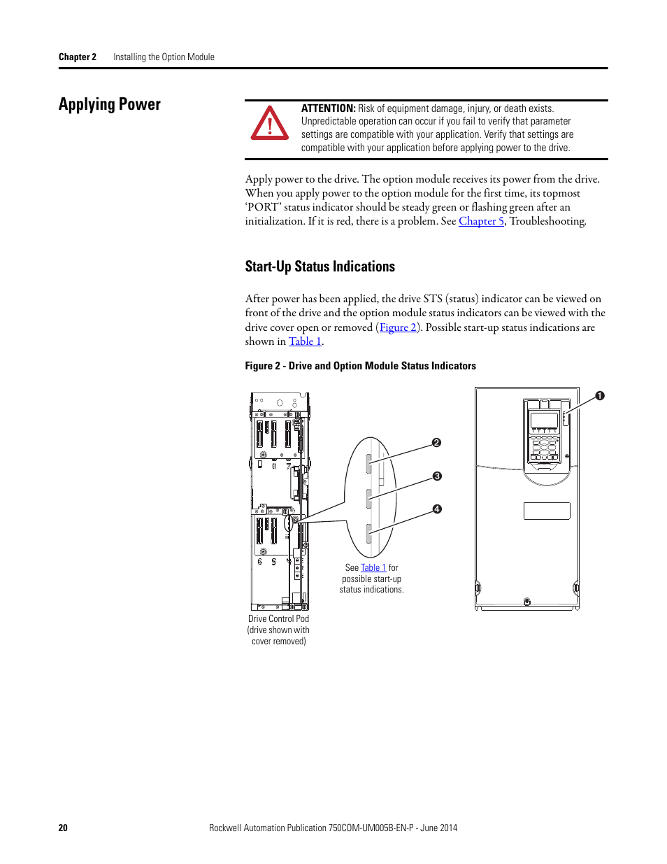 Applying power, Start-up status indications | Rockwell Automation 20-750-BNETIP BACnet/IP Option Module User Manual | Page 20 / 88