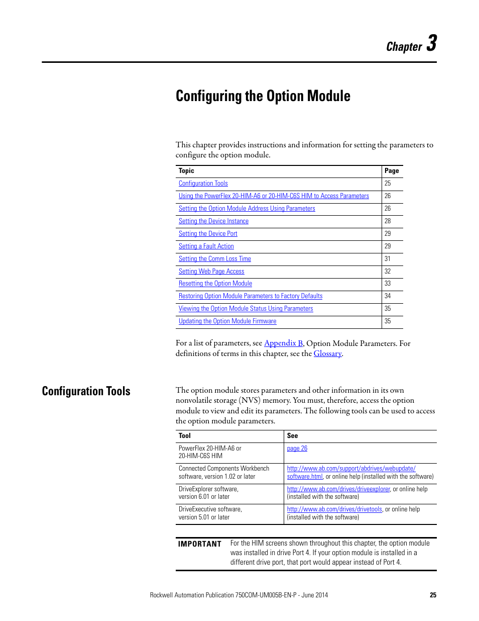 Chapter 3, Configuring the option module, Configuration tools | Chapter | Rockwell Automation 20-750-BNETIP BACnet/IP Option Module User Manual | Page 25 / 88