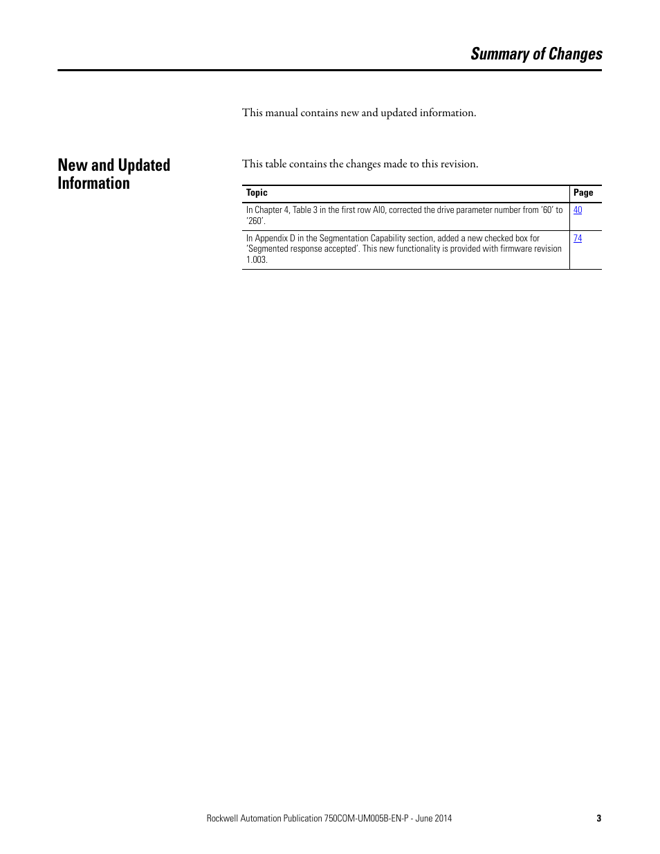 Summary of changes, New and updated information | Rockwell Automation 20-750-BNETIP BACnet/IP Option Module User Manual | Page 3 / 88