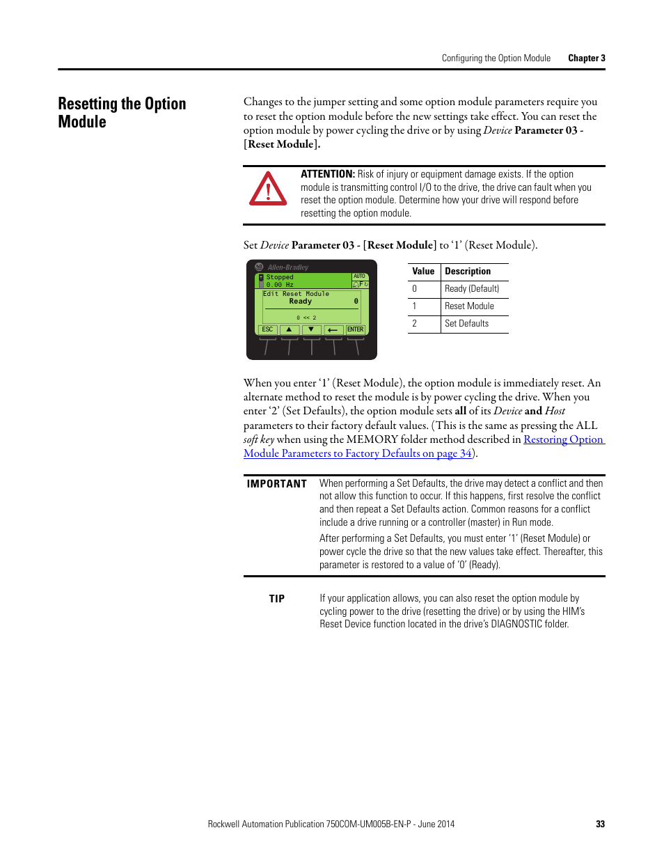 Resetting the option module | Rockwell Automation 20-750-BNETIP BACnet/IP Option Module User Manual | Page 33 / 88