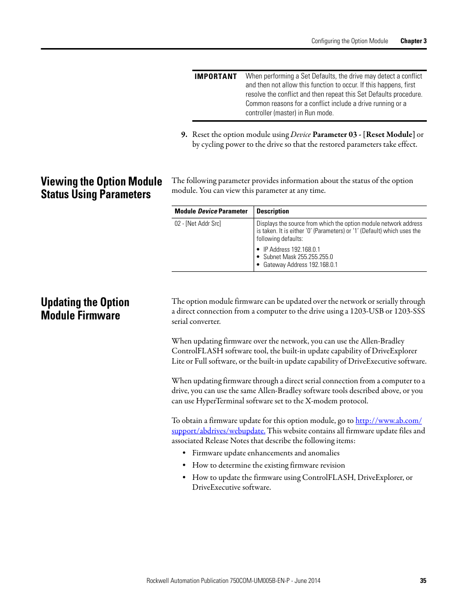 Viewing the option module status using parameters, Updating the option module firmware | Rockwell Automation 20-750-BNETIP BACnet/IP Option Module User Manual | Page 35 / 88