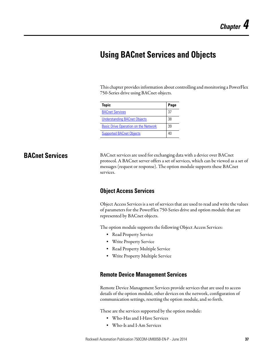 Chapter 4, Using bacnet services and objects, Bacnet services | Object access services, Remote device management services, Using bacnet services and, Objects | Rockwell Automation 20-750-BNETIP BACnet/IP Option Module User Manual | Page 37 / 88