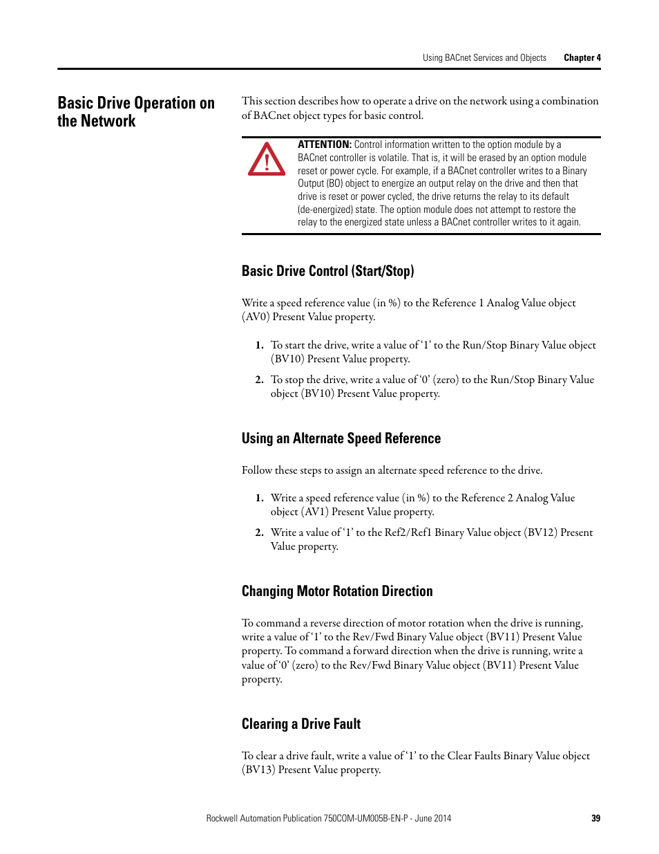 Basic drive operation on the network, Basic drive control (start/stop), Using an alternate speed reference | Changing motor rotation direction, Clearing a drive fault | Rockwell Automation 20-750-BNETIP BACnet/IP Option Module User Manual | Page 39 / 88