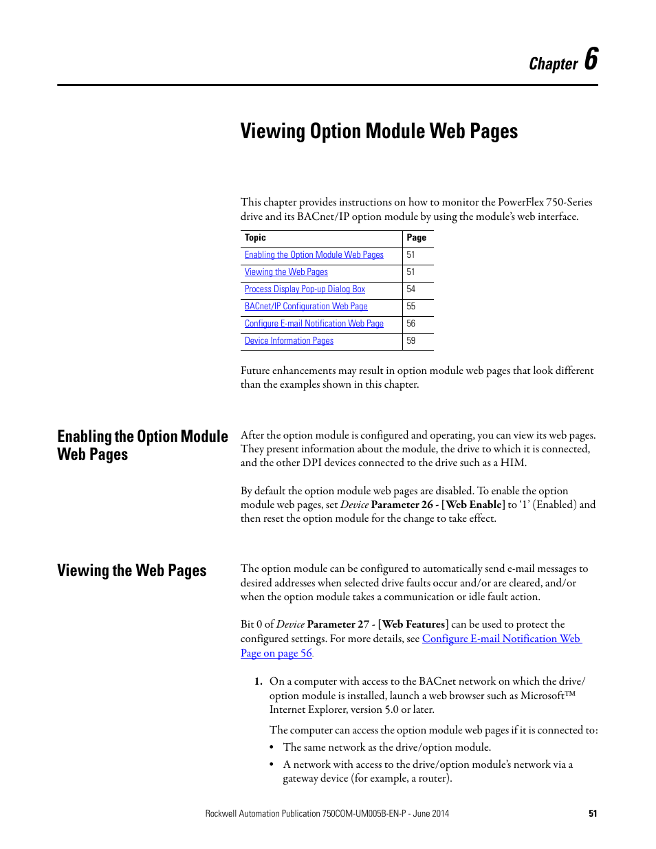 Chapter 6, Viewing option module web, Viewing | Viewing option module web pages | Rockwell Automation 20-750-BNETIP BACnet/IP Option Module User Manual | Page 51 / 88