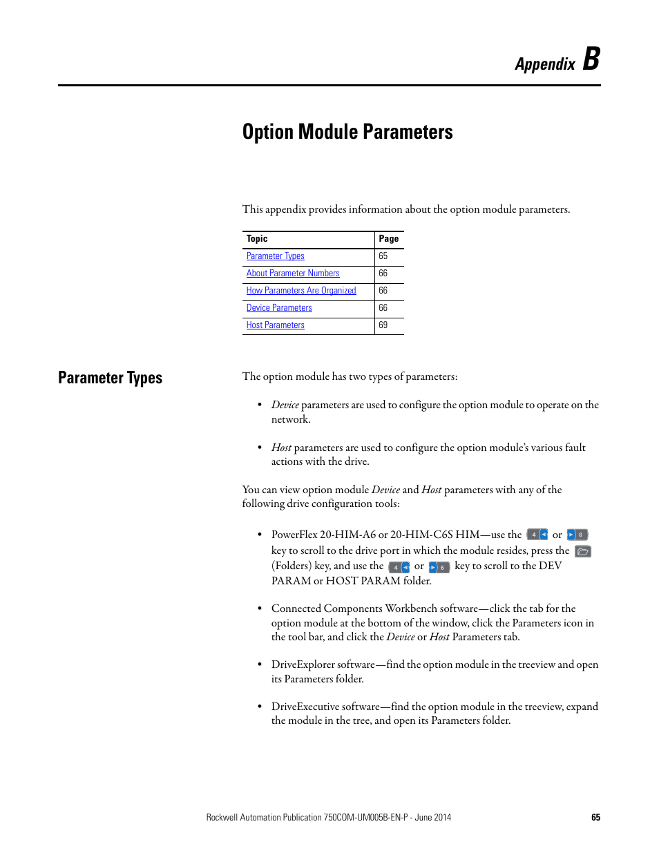 Appendix b, Option module parameters, Parameter types | Option module parameters. f | Rockwell Automation 20-750-BNETIP BACnet/IP Option Module User Manual | Page 65 / 88