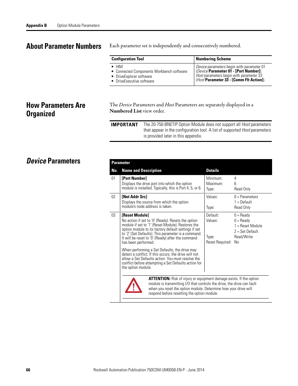 About parameter numbers, How parameters are organized, Device parameters | Device | Rockwell Automation 20-750-BNETIP BACnet/IP Option Module User Manual | Page 66 / 88