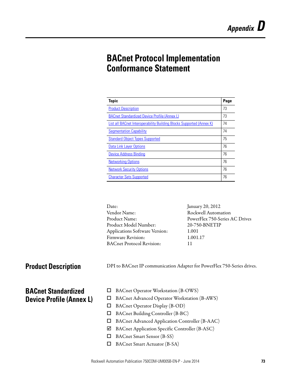 Appendix d, Product description, Bacnet standardized device profile (annex l) | Bacnet protocol, Implementation conformance, Statement | Rockwell Automation 20-750-BNETIP BACnet/IP Option Module User Manual | Page 73 / 88