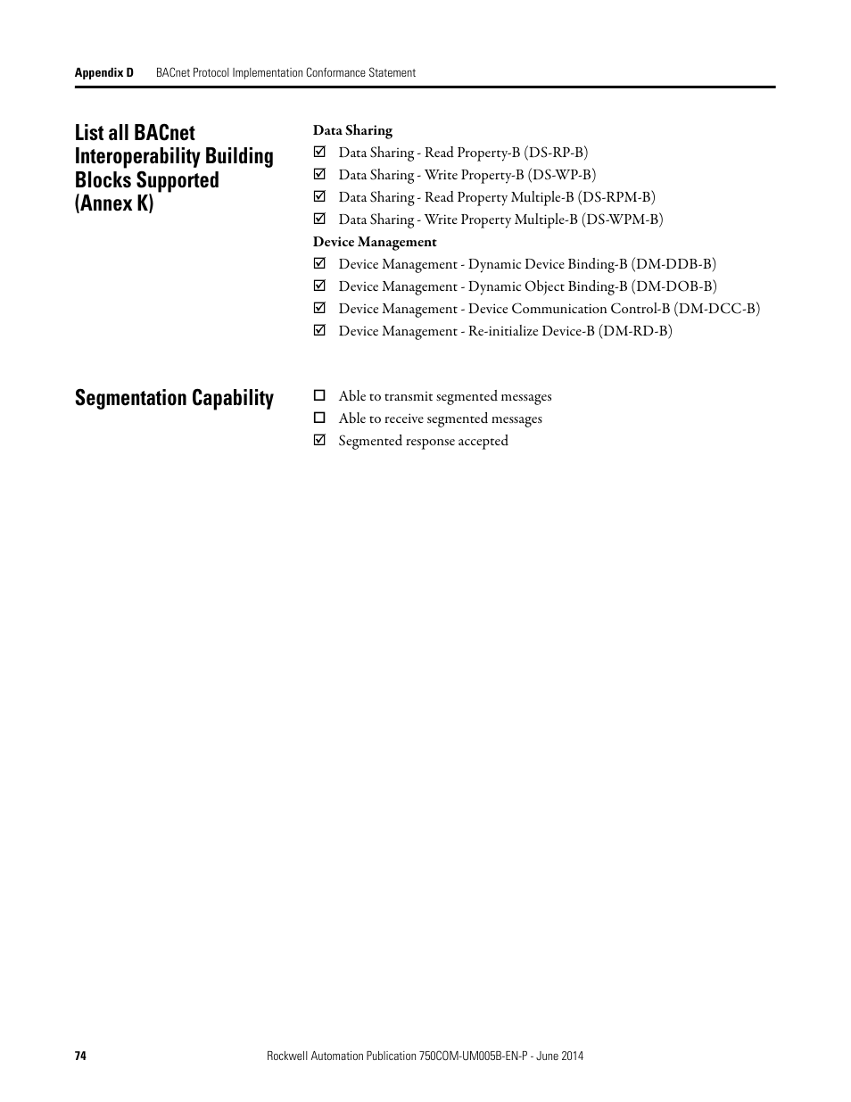 Segmentation capability, Annex k) | Rockwell Automation 20-750-BNETIP BACnet/IP Option Module User Manual | Page 74 / 88