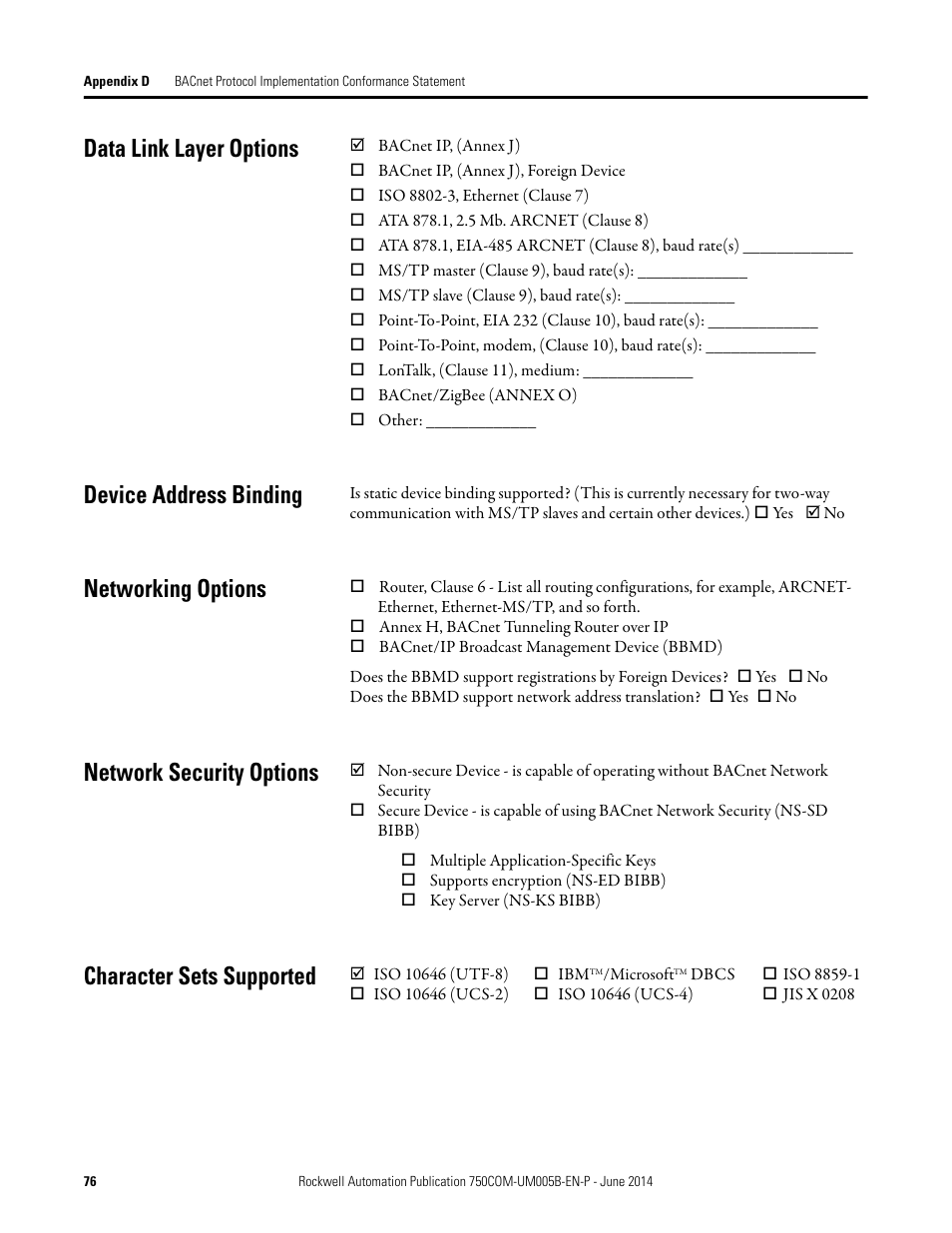 Data link layer options, Device address binding, Networking options | Network security options, Character sets supported | Rockwell Automation 20-750-BNETIP BACnet/IP Option Module User Manual | Page 76 / 88