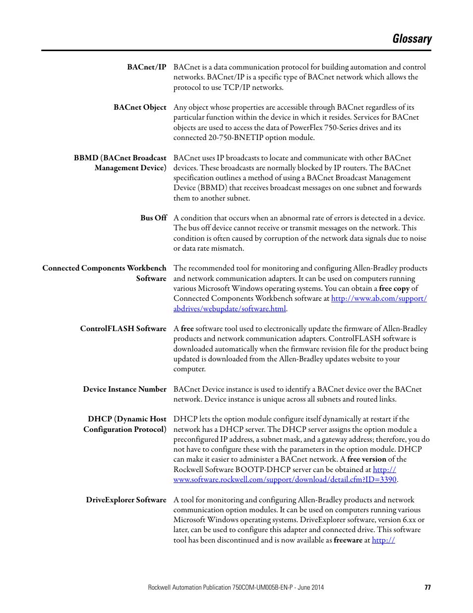 Glossary | Rockwell Automation 20-750-BNETIP BACnet/IP Option Module User Manual | Page 77 / 88