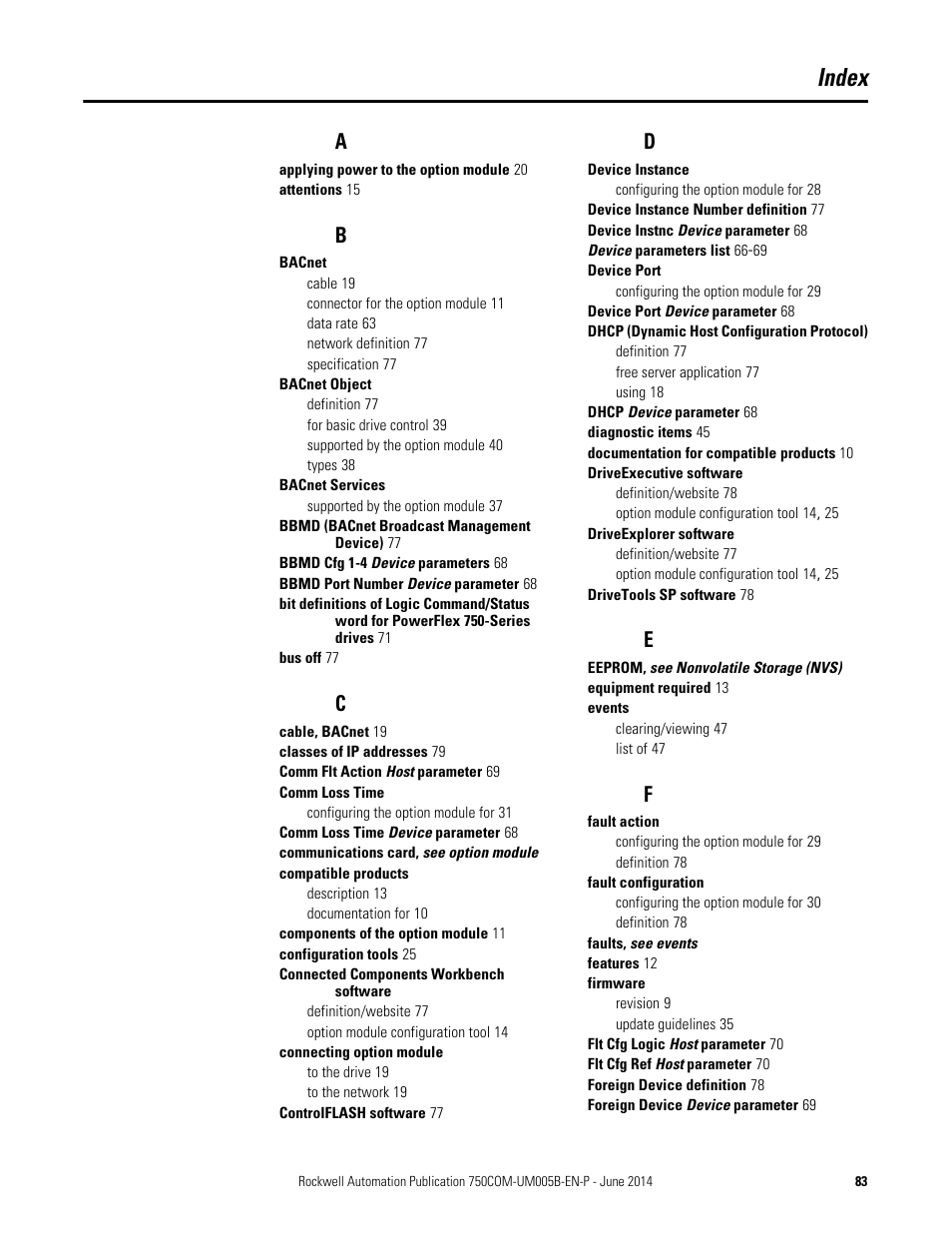 Index | Rockwell Automation 20-750-BNETIP BACnet/IP Option Module User Manual | Page 83 / 88