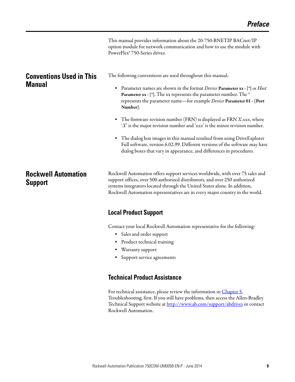 Preface, Conventions used in this manual, Rockwell automation support | Local product support, Technical product assistance | Rockwell Automation 20-750-BNETIP BACnet/IP Option Module User Manual | Page 9 / 88