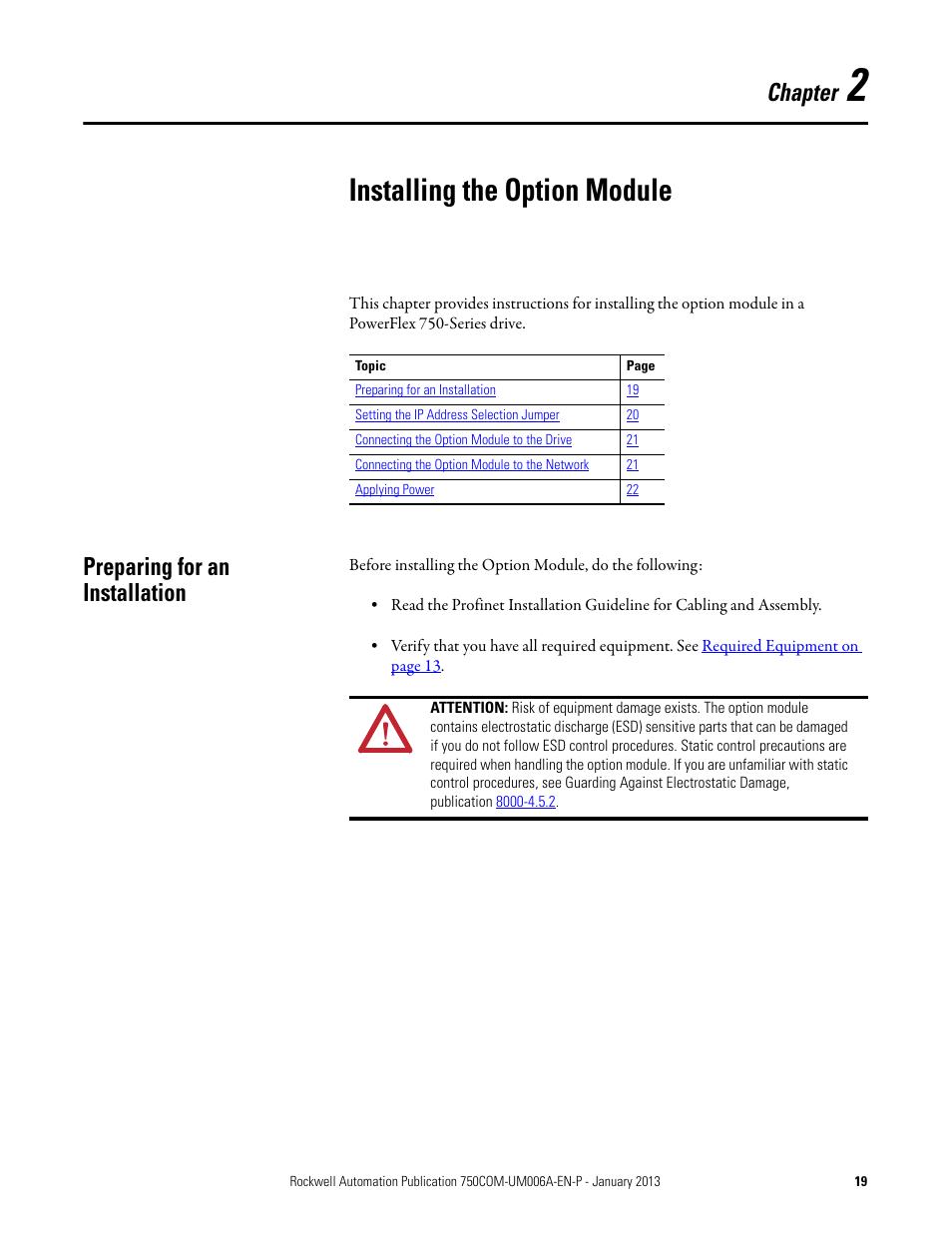 Chapter 2, Installing the option module, Preparing for an installation | Rockwell Automation 20-750-PNET Profinet Single Port Option Module User Manual | Page 19 / 96