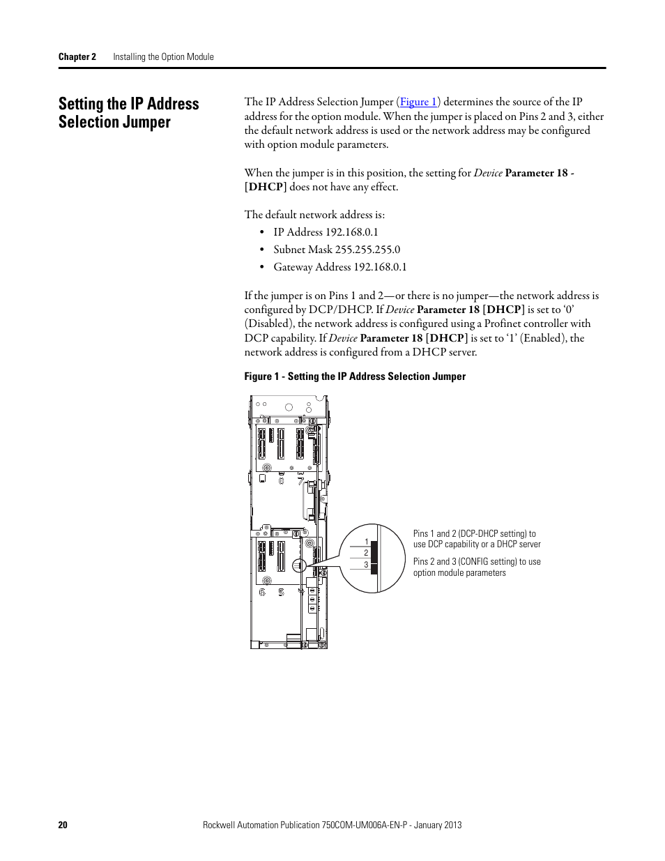 Setting the ip address selection jumper, Setting | Rockwell Automation 20-750-PNET Profinet Single Port Option Module User Manual | Page 20 / 96