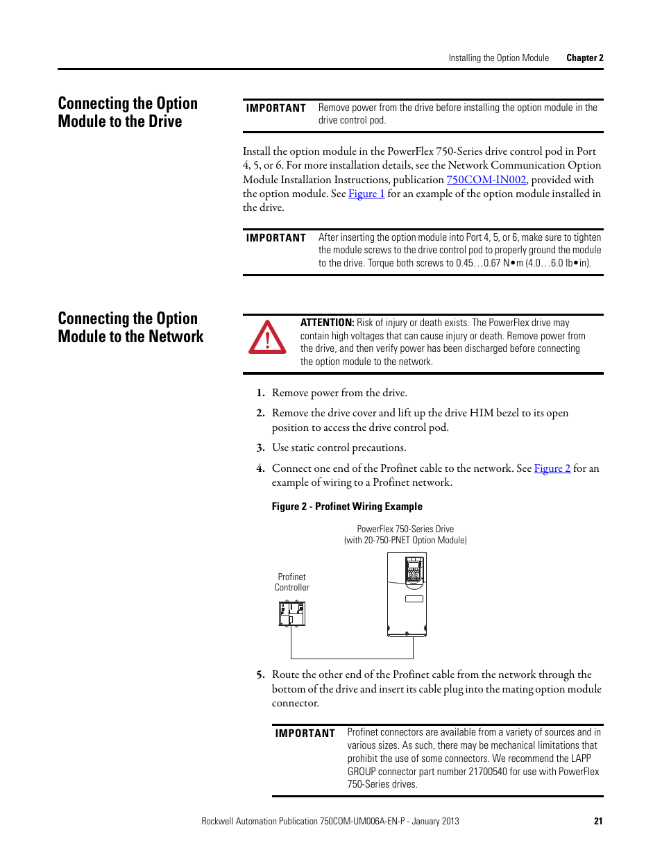 Connecting the option module to the drive, Connecting the option module to the network | Rockwell Automation 20-750-PNET Profinet Single Port Option Module User Manual | Page 21 / 96