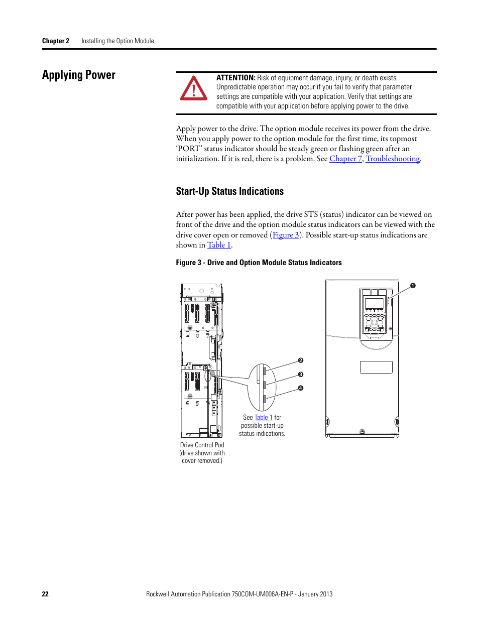 Applying power, Start-up status indications | Rockwell Automation 20-750-PNET Profinet Single Port Option Module User Manual | Page 22 / 96