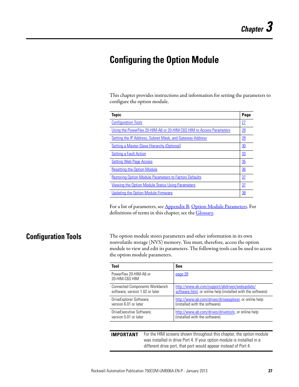 Chapter 3, Configuring the option module, Configuration tools | Rockwell Automation 20-750-PNET Profinet Single Port Option Module User Manual | Page 27 / 96