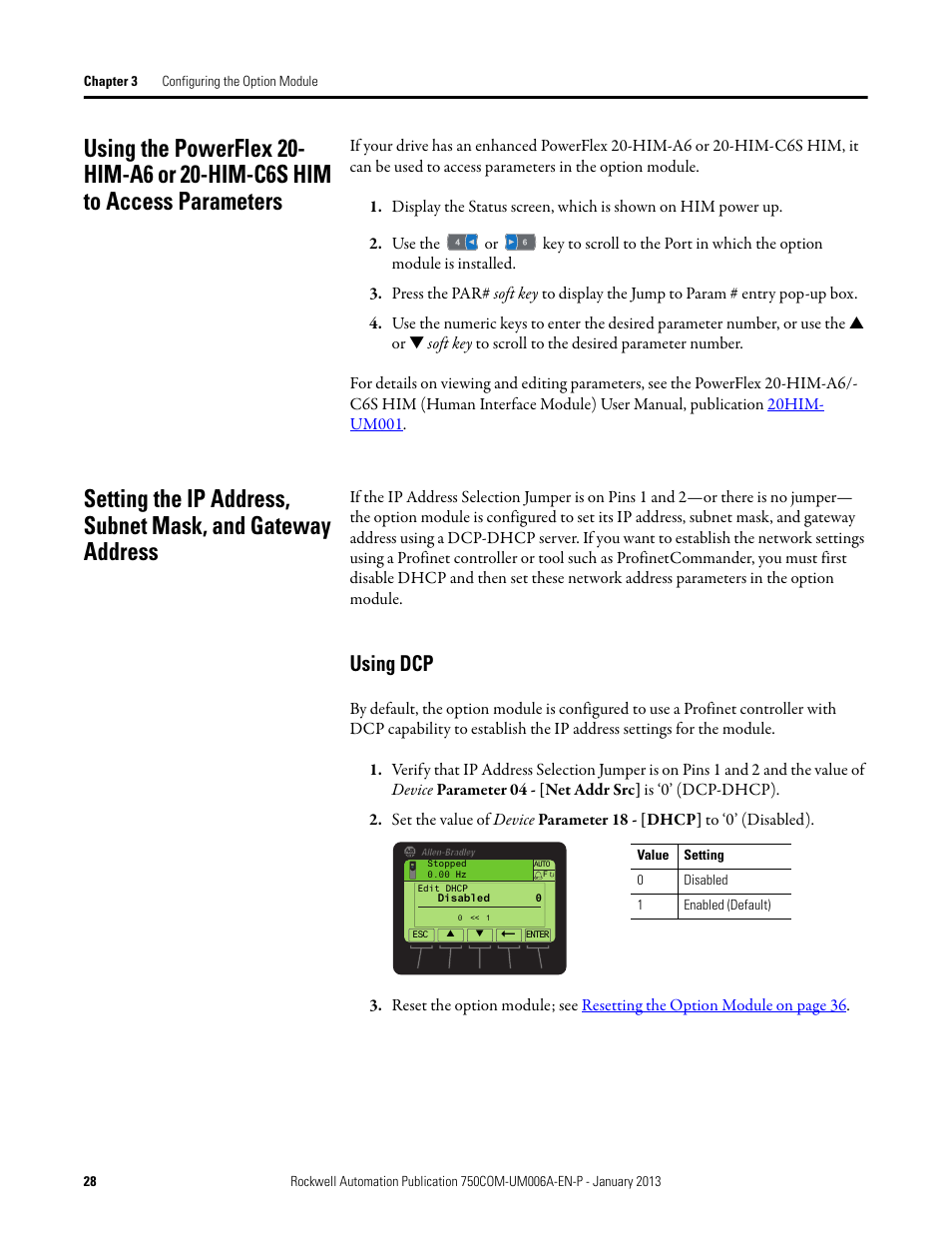 Using dcp, Using the powerflex 20-him-a6 or 20-him-c6s him to, Access parameters | Rockwell Automation 20-750-PNET Profinet Single Port Option Module User Manual | Page 28 / 96