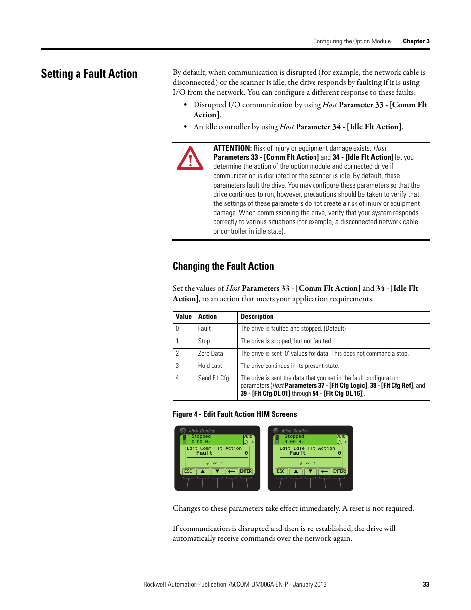 Setting a fault action, Changing the fault action | Rockwell Automation 20-750-PNET Profinet Single Port Option Module User Manual | Page 33 / 96