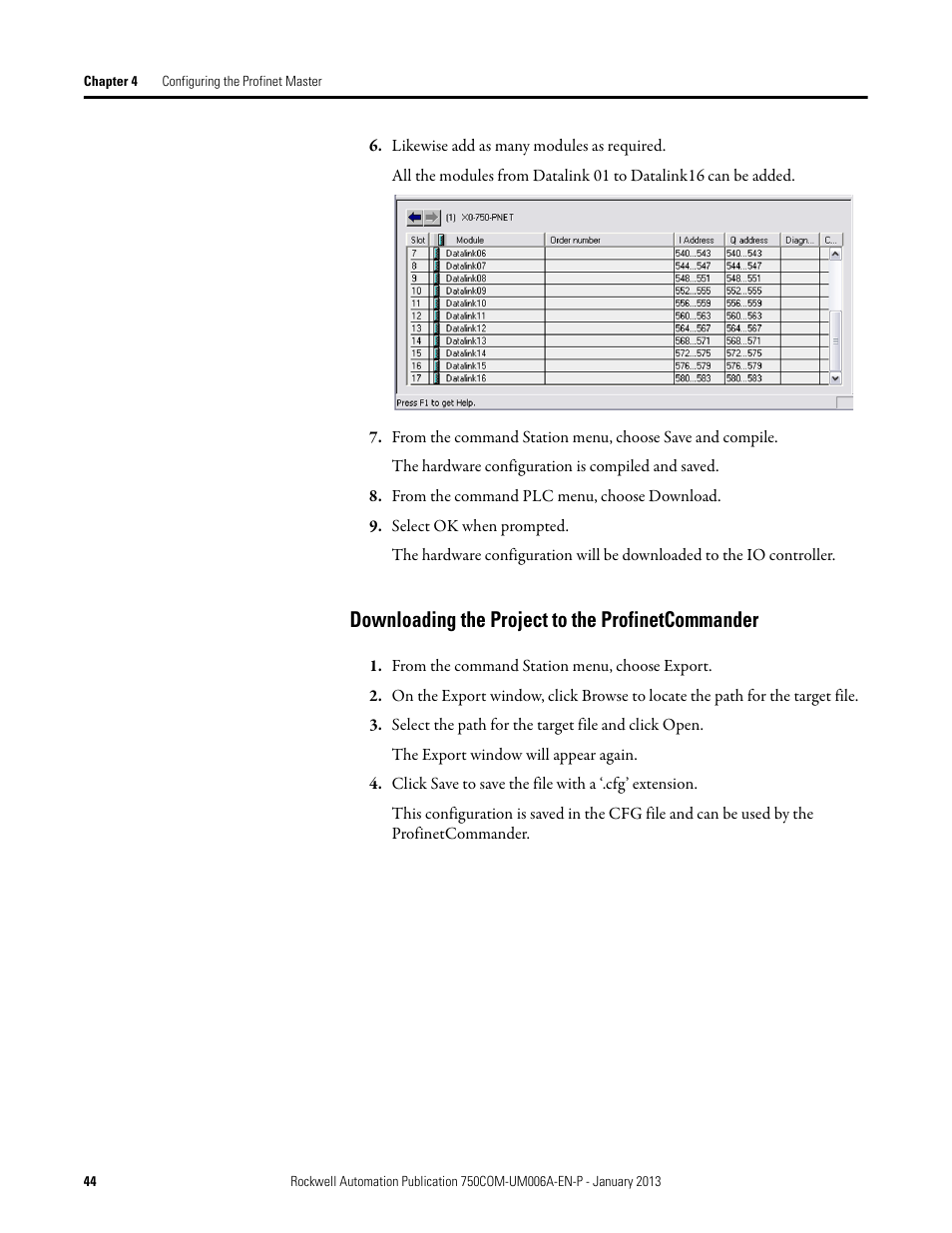 Downloading the project to the profinetcommander | Rockwell Automation 20-750-PNET Profinet Single Port Option Module User Manual | Page 44 / 96