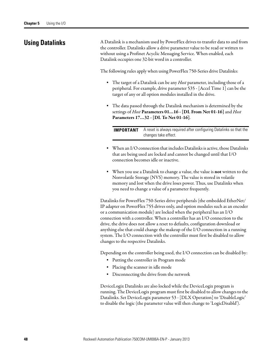 Using datalinks | Rockwell Automation 20-750-PNET Profinet Single Port Option Module User Manual | Page 48 / 96